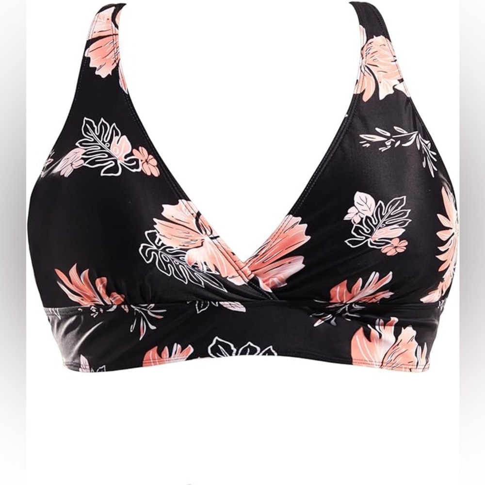 NWT Women’s Yonique Plus Size Bikini Top Swimsuit Black Pink Flowers Size 14W‎